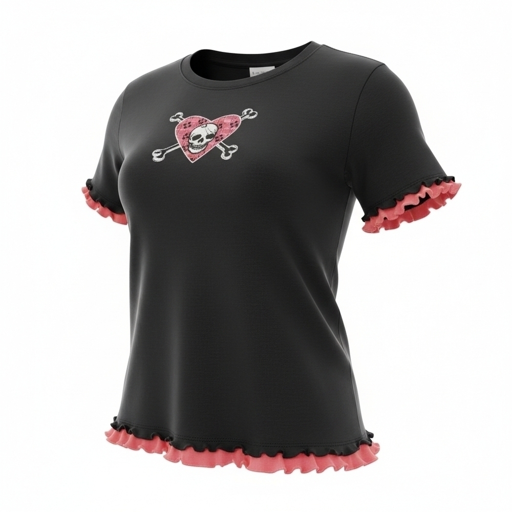 Love Peace & Lazy Days (LPLD) Black/Pink white Skull/ Ruffle hem cuff Women L